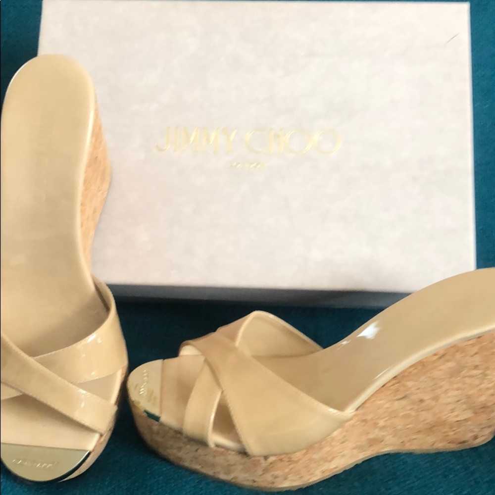 Jimmy Choo cork wedges - worn once!!! Comes with dustbag & box.